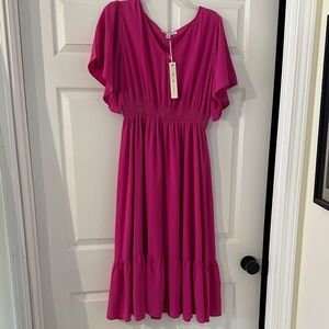 She + Sky Fuchsia Flutter-Sleeve Midi Dress